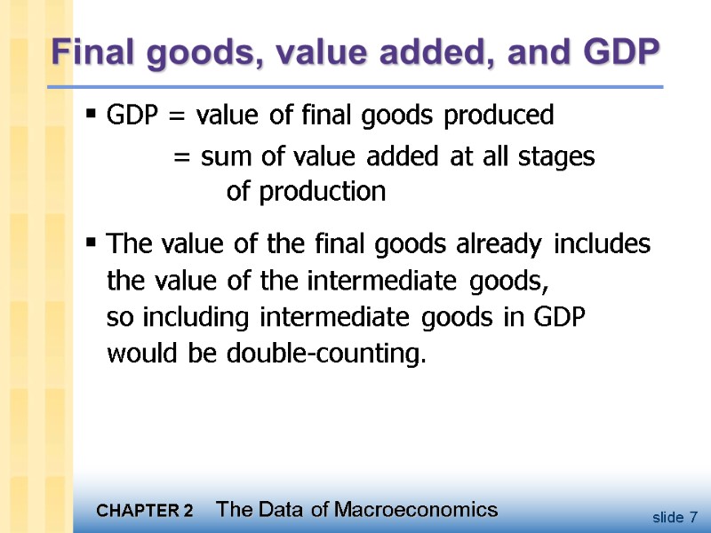 Final goods, value added, and GDP GDP = value of final goods produced 